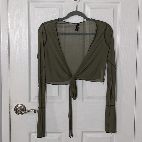 PrettyLittleThing Olive Green Sheer Mesh Y2K Style Tie Front Cropped Wrap Size 6 - Picture 1 of 7